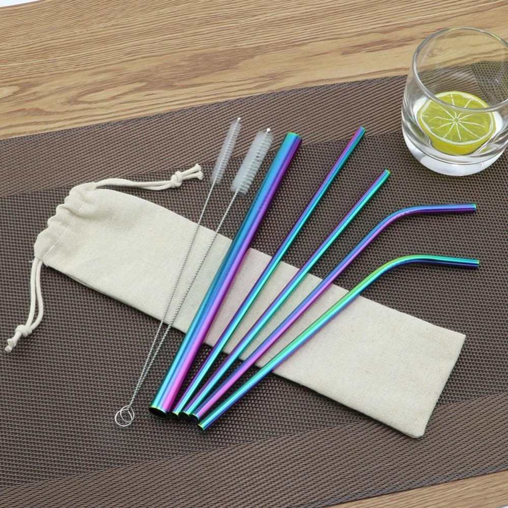 New Drinking Straw Stainless Steel Straightamp;Bend Straw With Cleaner Brush Free Bag Kitchen Bar Accessories Combination Bag Set