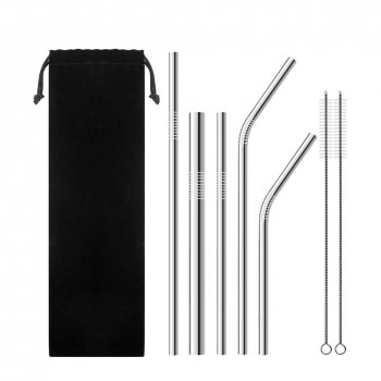 New Drinking Straw Stainless Steel Straightamp;Bend Straw With Cleaner Brush Free Bag Kitchen Bar Accessories Combination Bag Set