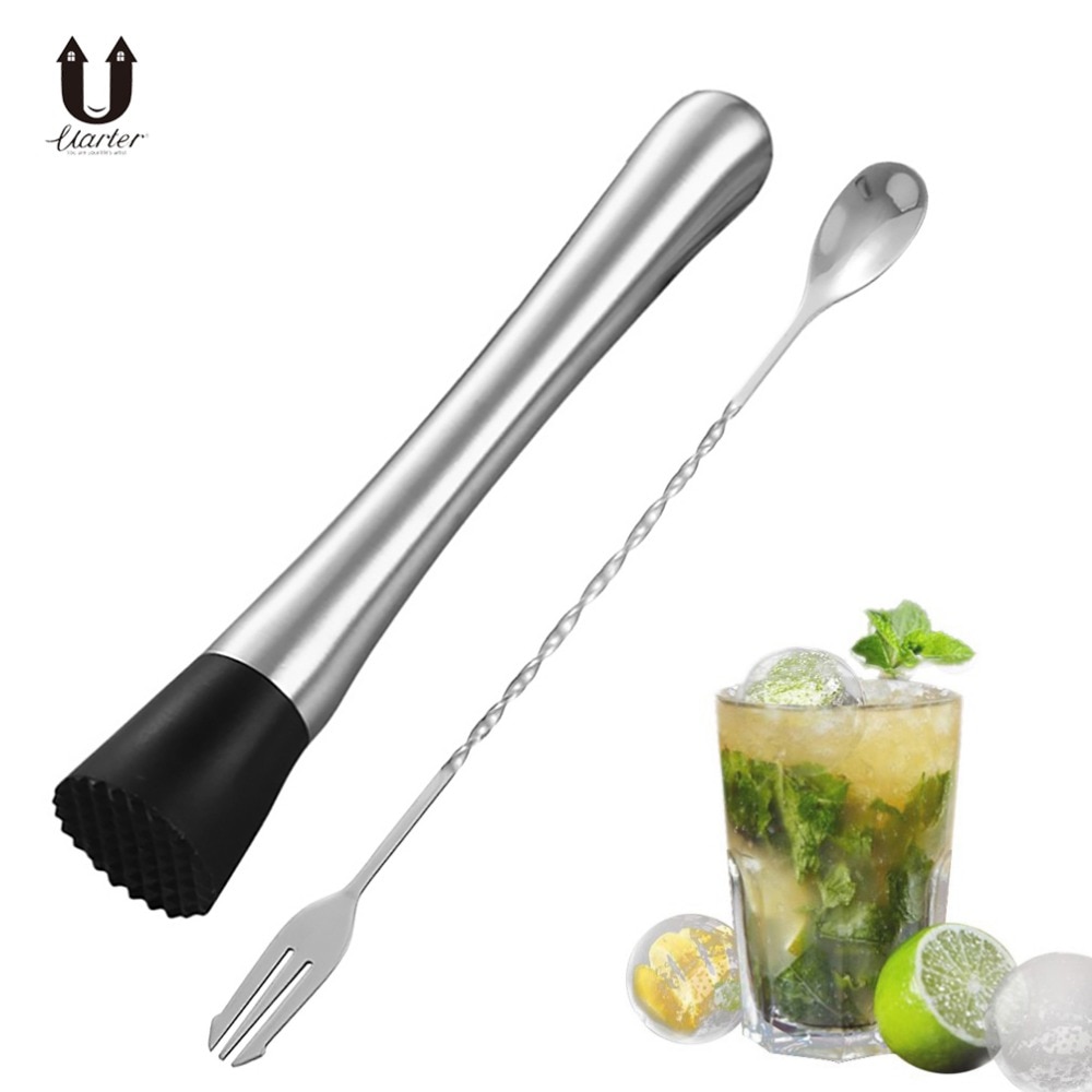 UARTER 2PC High quality Stainless Steel Metal Masher Stir Bar Bartenders Tools Masher Wine Accessories Cocktail Shaker Sets