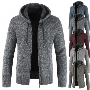 2018 Autumn and Winter Hot Sale Explosions Mens Cardigan Sweater Hooded Solid Color Slim Casual Plus Velvet Thick Coat