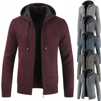 2018 Autumn and Winter Hot Sale Explosions Mens Cardigan Sweater Hooded Solid Color Slim Casual Plus Velvet Thick Coat