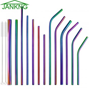 JANKNG 2 Pcs Colorful Rainbow Straw 304 Stainless Steel 16/19/21/23/26cm Straws 6/8/12mm Reusable Bent Metal Drink Straw Brush