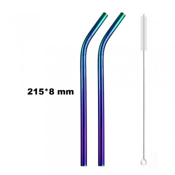 JANKNG 2 Pcs Colorful Rainbow Straw 304 Stainless Steel 16/19/21/23/26cm Straws 6/8/12mm Reusable Bent Metal Drink Straw Brush