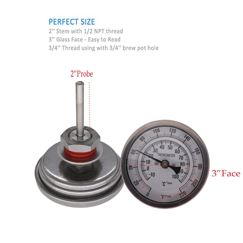 Weldless Bi-metal Thermometer Kit, 3Face amp; 2Probe, 1/2MNPT, 0~220F degree, Beer Brewing Thermometer, Homebrew Kettle