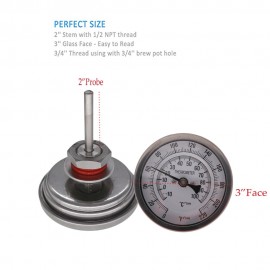 Weldless Bi-metal Thermometer Kit, 3Face amp; 2Probe, 1/2MNPT, 0~220F degree, Beer Brewing Thermometer, Homebrew Kettle