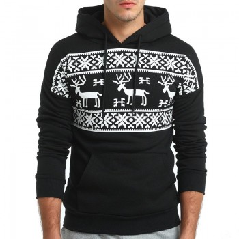Loldeal Fashion Christmas Snowflower Prints Pullover Winter Sweater Men Black  Sweater  Mens Elk Hood Kerst Trui Mannen Women