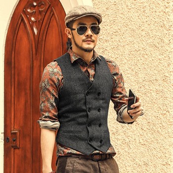 Mens Double Breasted Vest Men Dress Suit Vest Men Formal Grey Vest Suit Gilet Vest Slim Business Jacket Tops homme spring M51