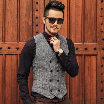 Mens Double Breasted Vest Men Dress Suit Vest Men Formal Grey Vest Suit Gilet Vest Slim Business Jacket Tops homme spring M51