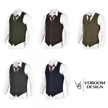 VOBOOM Wool Tweed Mens Waistcoat Single-breasted Herringbone Slim Fitted Suit Vests 007