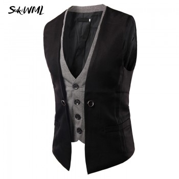 SUKIWML 2017 New Men Cest Wedding Slim Fit Faker Two Pieces Colete Social Masculino Mens Double Vest Party Gilet Costume Homme