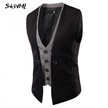 SUKIWML 2017 New Men Cest Wedding Slim Fit Faker Two Pieces Colete Social Masculino Mens Double Vest Party Gilet Costume Homme