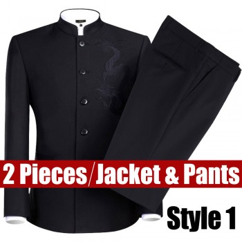 Black Chinese Tunic Suit Mens Traditional Stand Collar Suits Apec Leader Costume Male Embroidery Dragon Totem Suit Big size 4XL