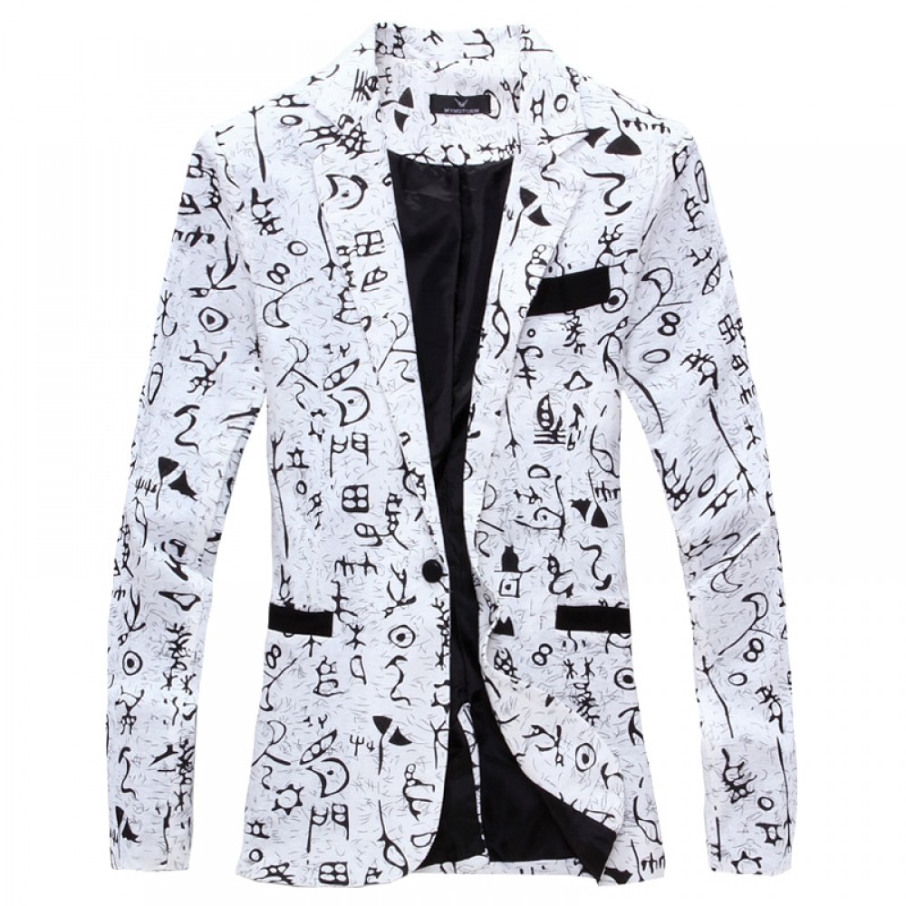 Men Blazer 2018 Brand Men Suit Jacket Funky Oracle Printed Coat Single Breasted Casual Blazer Masculino Plus Size Green Beige