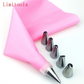 8 PCS/set Silicone Kitchen Accessories Icing Piping Cream Pink Pastry Bag + 6 Stainless Steel Nozzle DIY Cake Decorating Tips