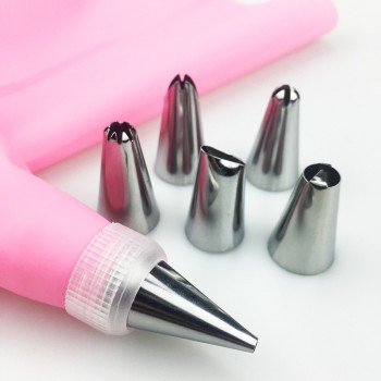 8 PCS/set Silicone Kitchen Accessories Icing Piping Cream Pink Pastry Bag + 6 Stainless Steel Nozzle DIY Cake Decorating Tips