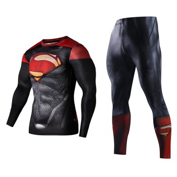 Mens Compression GYM training Clothes Suits workout Superman jogging Sportswear Fitness Dry Fit Tracksuit Tights 2pcs / sets