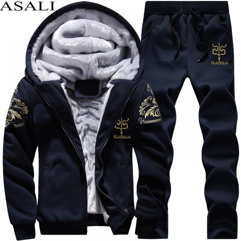 2019 Thicken Men Tracksuit Set Cardigan Winter Fleece Hood Jacket+Pants Sweatshirts Male 2 Piece Set Hoodies Sporting Suit Coat