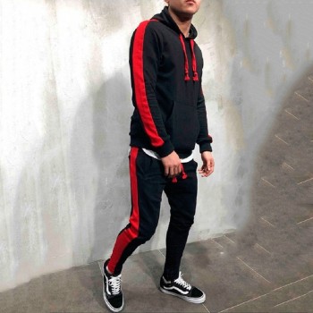 2 Pieces Sets Men Tracksuit 2018 New Brand Autumn Winter Hooded Sweatshirt +Drawstring Pants Male Stripe Patchwork Hoodies