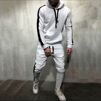 2 Pieces Sets Men Tracksuit 2018 New Brand Autumn Winter Hooded Sweatshirt +Drawstring Pants Male Stripe Patchwork Hoodies