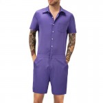 Fashion Men Romper Suit Solid Color Short Sleeve Casual Man Onesies Jumpsuit Male Overalls One Piece Suit Slim Fit Mens Set