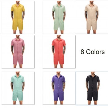 Fashion Men Romper Suit Solid Color Short Sleeve Casual Man Onesies Jumpsuit Male Overalls One Piece Suit Slim Fit Mens Set