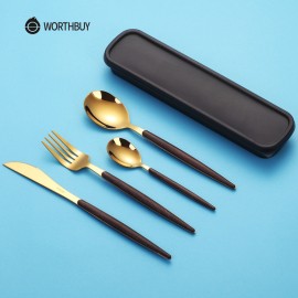 WORTHBUY Portable Gold Cutlery Set 304 Stainless Steel Dinnerware With Plastic Handle For Kids Dinner Travel Tableware Set