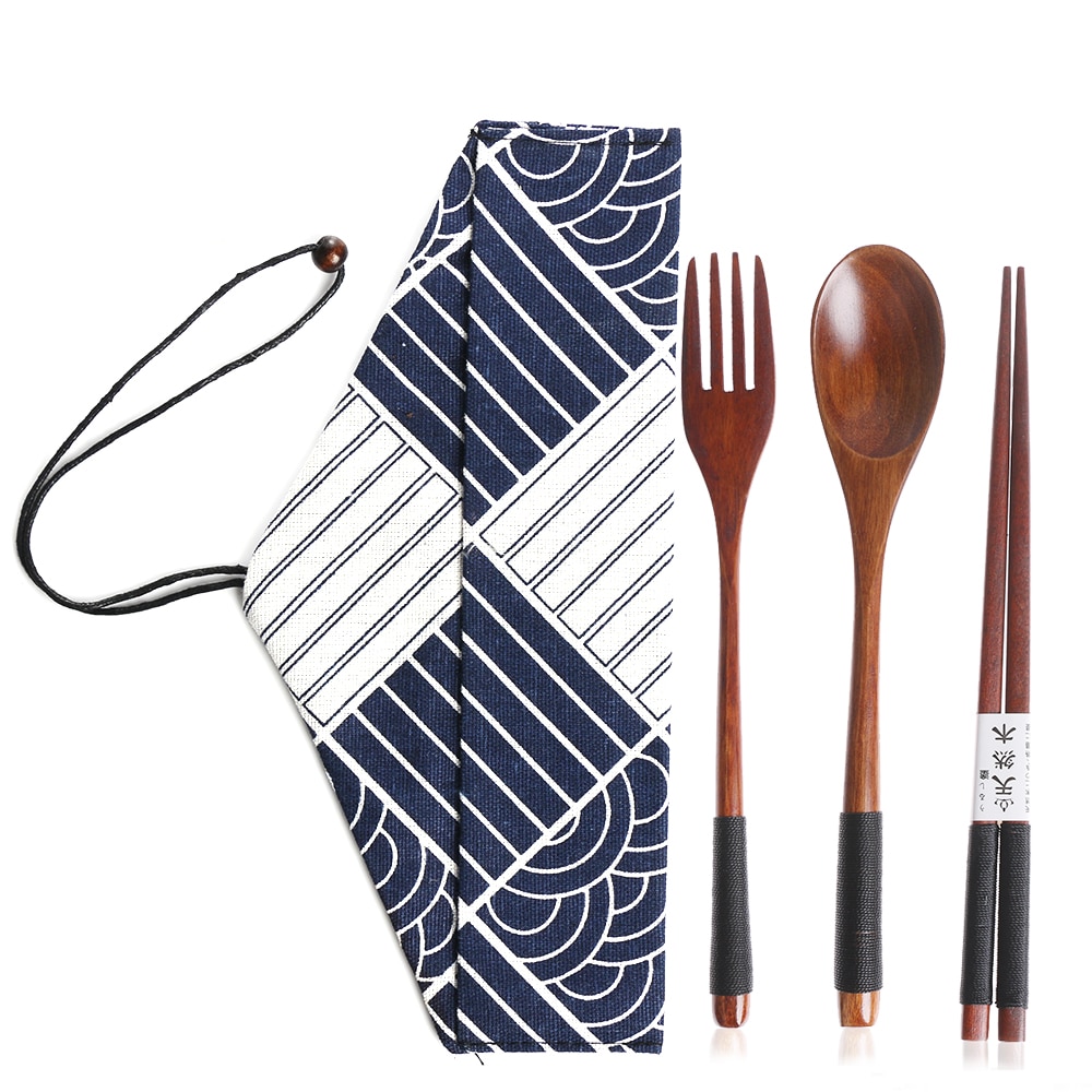 Useful Spoon Fork Chopsticks Portable Tableware Wooden Cutlery Sets Travel Dinnerware Suit Environmental with Cloth Pack Gift