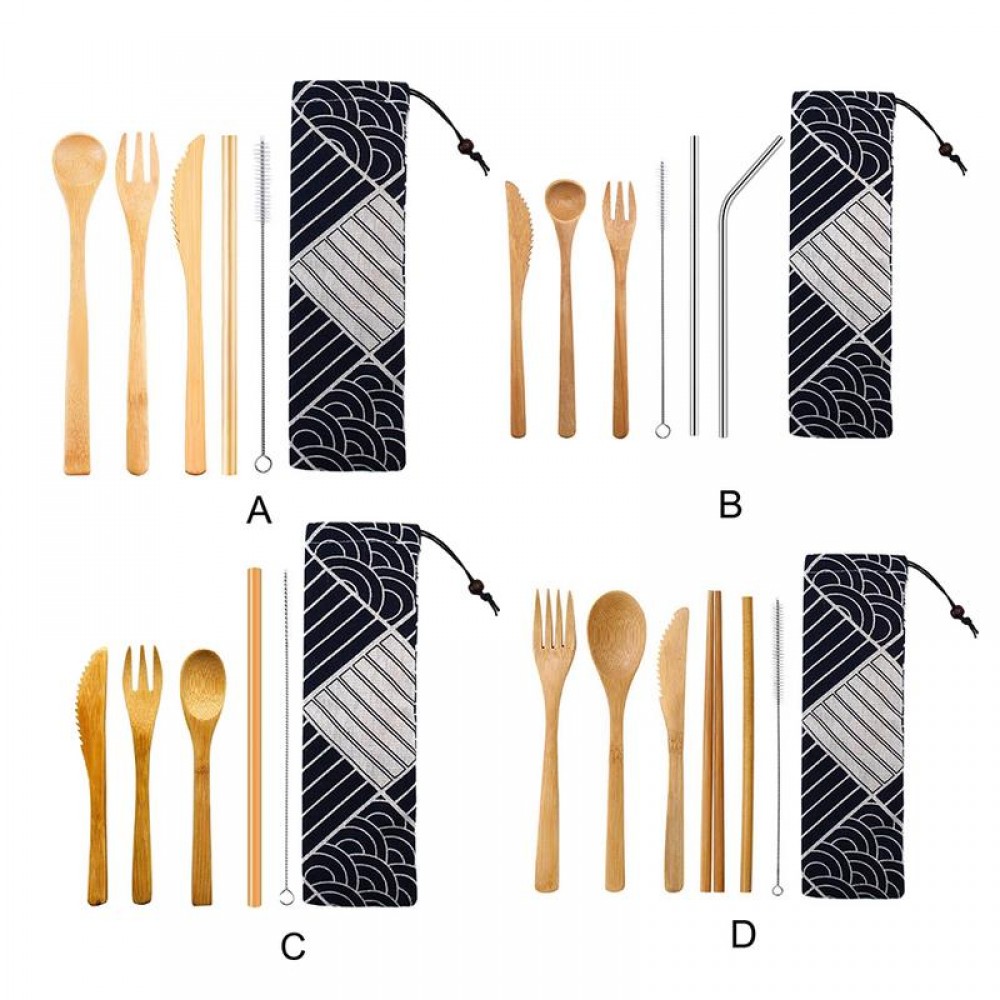 Japanese Wooden Dinnerware Set Bamboo Cutlery Straw Cutlery Set With Cloth Bag Kitchen Cooking Tools