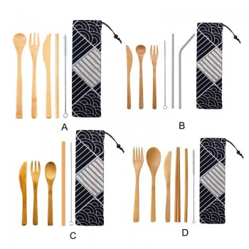 Japanese Wooden Dinnerware Set Bamboo Cutlery Straw Cutlery Set With Cloth Bag Kitchen Cooking Tools