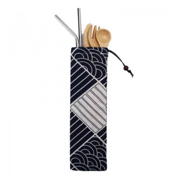 Japanese Wooden Dinnerware Set Bamboo Cutlery Straw Cutlery Set With Cloth Bag Kitchen Cooking Tools