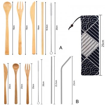 Japanese Wooden Dinnerware Set Bamboo Cutlery Straw Cutlery Set With Cloth Bag Kitchen Cooking Tools