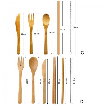 Japanese Wooden Dinnerware Set Bamboo Cutlery Straw Cutlery Set With Cloth Bag Kitchen Cooking Tools