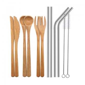 Japanese Wooden Dinnerware Set Bamboo Cutlery Straw Cutlery Set With Cloth Bag Kitchen Cooking Tools