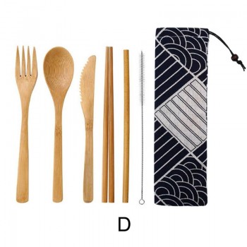 Japanese Wooden Dinnerware Set Bamboo Cutlery Straw Cutlery Set With Cloth Bag Kitchen Cooking Tools