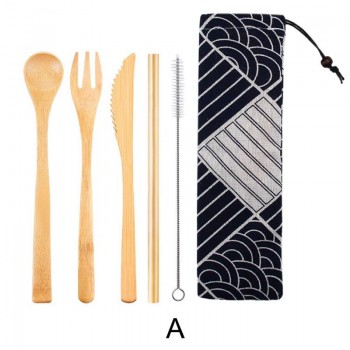 Japanese Wooden Dinnerware Set Bamboo Cutlery Straw Cutlery Set With Cloth Bag Kitchen Cooking Tools