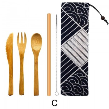 Japanese Wooden Dinnerware Set Bamboo Cutlery Straw Cutlery Set With Cloth Bag Kitchen Cooking Tools