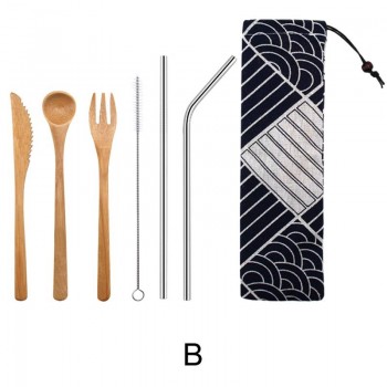 Japanese Wooden Dinnerware Set Bamboo Cutlery Straw Cutlery Set With Cloth Bag Kitchen Cooking Tools