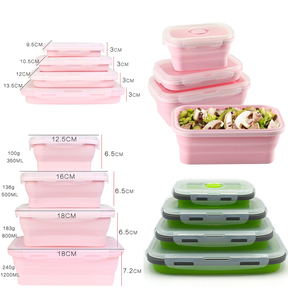 4Pcs/set Silicone Folding Bento Box Collapsible Portable Lunch Box for Food Dinnerware Food Container Bowl For Children Adult