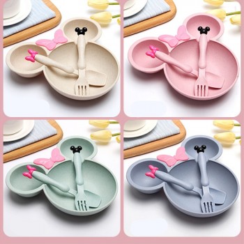 3pc/set Children Baby wheat Tableware Solid Feeding Mickey Dishes Baby Bowl Plate spoon Food Feeding Dinnerware Set for Children