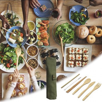 6Pcs/set Japanese Wooden Dinnerware Set Cutlery Set Bamboo Fork Knife With Cloth Bag Kitchen Tools picnic travel camping outdoor