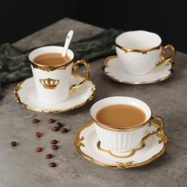 Ceramic Golden Crown Cup And Saucer Afternoon Tea Set Creative Coffee Mug Set Cup Black Tea Mug Golden Edge Teacups Set One Set