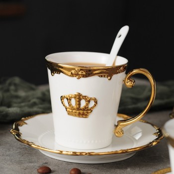 Ceramic Golden Crown Cup And Saucer Afternoon Tea Set Creative Coffee Mug Set Cup Black Tea Mug Golden Edge Teacups Set One Set