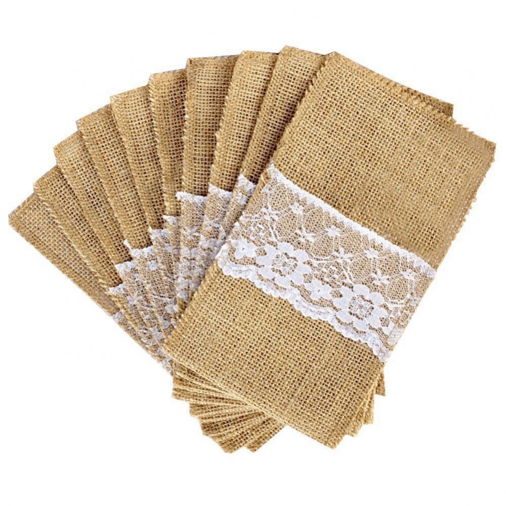 50 pcs Natural Jute Cutlery Knives and Forks Cutlery Set Silverware Bag Holder Burlap amp; Lace Party Wedding Decor, 21x11cm