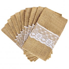 50 pcs Natural Jute Cutlery Knives and Forks Cutlery Set Silverware Bag Holder Burlap amp; Lace Party Wedding Decor, 21x11cm