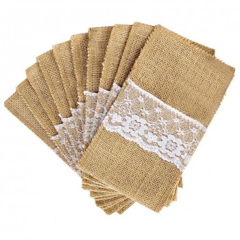 50 pcs Natural Jute Cutlery Knives and Forks Cutlery Set Silverware Bag Holder Burlap amp; Lace Party Wedding Decor, 21x11cm