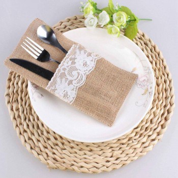 50 pcs Natural Jute Cutlery Knives and Forks Cutlery Set Silverware Bag Holder Burlap amp; Lace Party Wedding Decor, 21x11cm