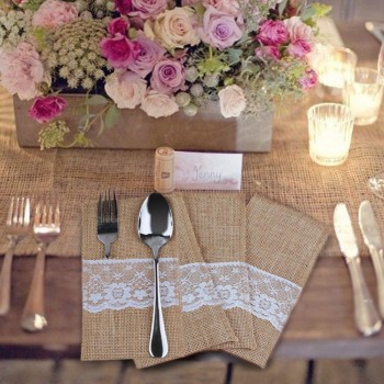50 pcs Natural Jute Cutlery Knives and Forks Cutlery Set Silverware Bag Holder Burlap amp; Lace Party Wedding Decor, 21x11cm