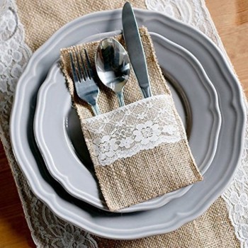 50 pcs Natural Jute Cutlery Knives and Forks Cutlery Set Silverware Bag Holder Burlap amp; Lace Party Wedding Decor, 21x11cm