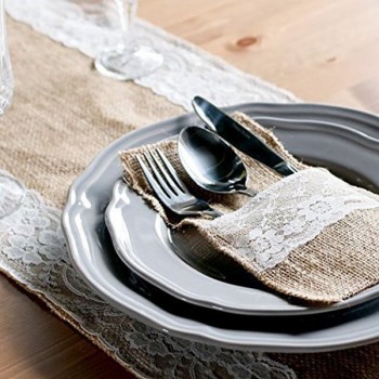 50 pcs Natural Jute Cutlery Knives and Forks Cutlery Set Silverware Bag Holder Burlap amp; Lace Party Wedding Decor, 21x11cm