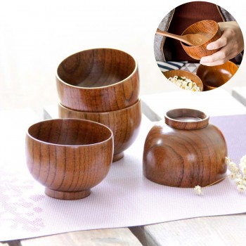 Durable Japanese Style Wooden Bowl Soup/Salad Rice Noodles Bowls Natural Wood Eating Bowl for Children Tableware